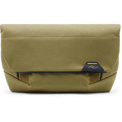Olive green pouch with a brand label on a white background