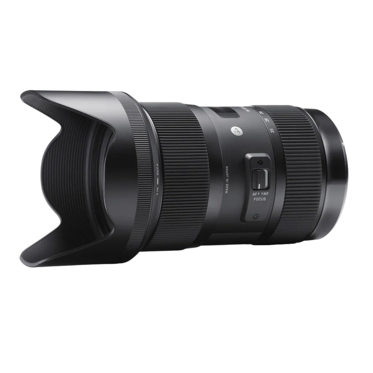 Camera lens with focus and shift buttons on a white background
