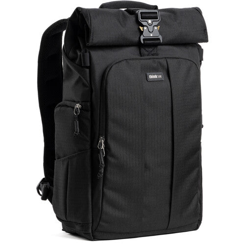 Black backpack with a visible brand logo on a white background