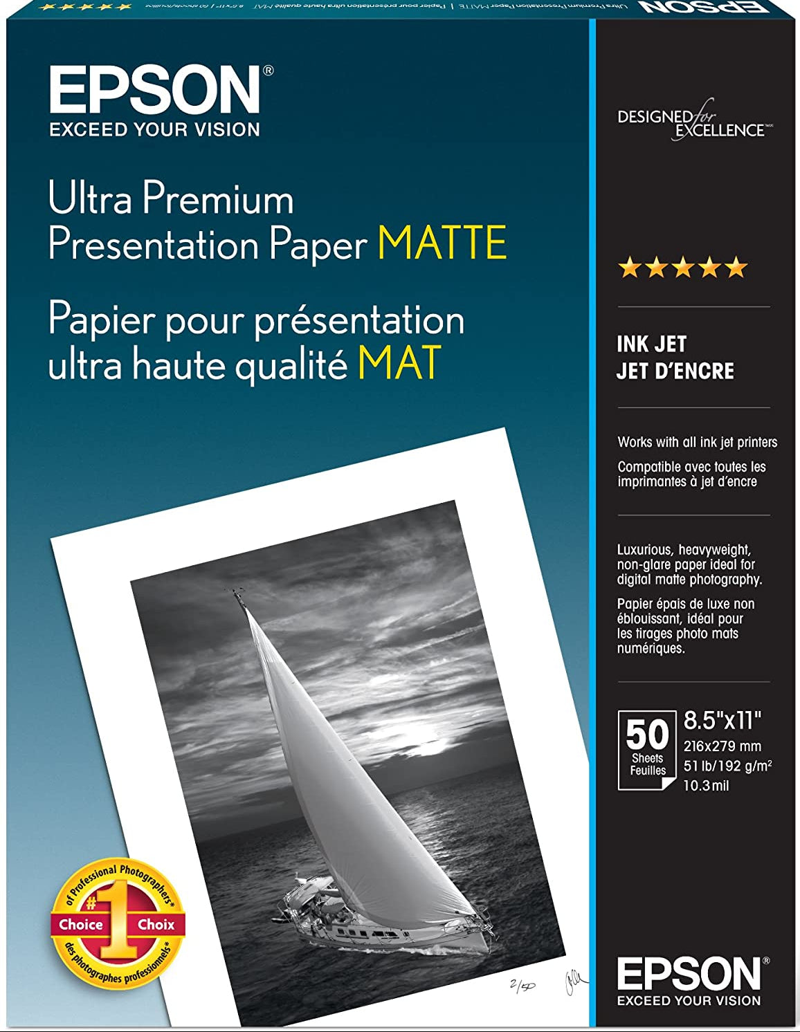 Packaging for Epson Ultra Premium Presentation Paper Matte, featuring a picture of a sailboat and indicating the size of 8.5 x 11 inches with 50 sheets per pack.