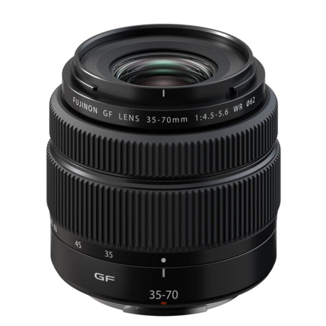 FUJIFILM GF 35-70mm f/4.5-5.6 WR Lens, black in color, with focus and zoom rings visible.