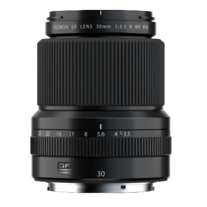 FUJIFILM GF 30mm f/3.5 R WR lens, black in color, with focus and zoom rings visible.