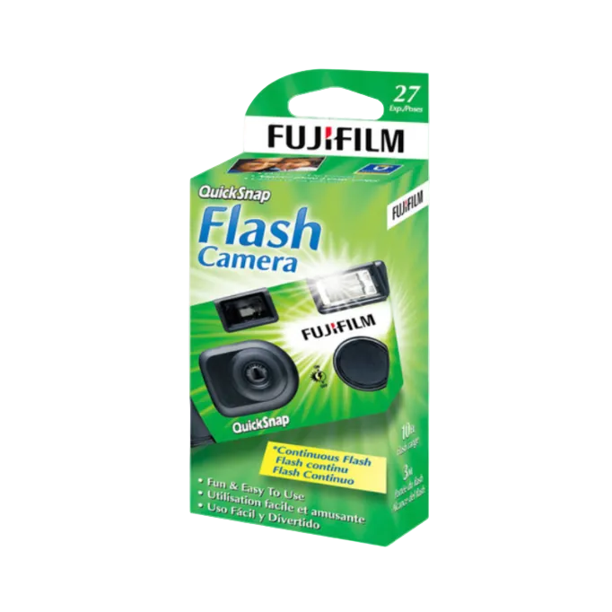Fujifilm QuickSnap disposable camera in green packaging with 27 exposures and built-in flash.