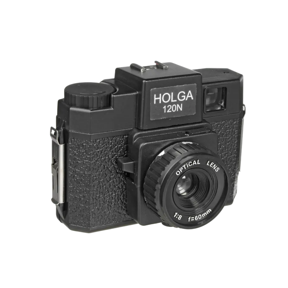 Black Holga 120N medium format toy camera with a textured plastic body and 60mm f/8 optical lens against a white background.