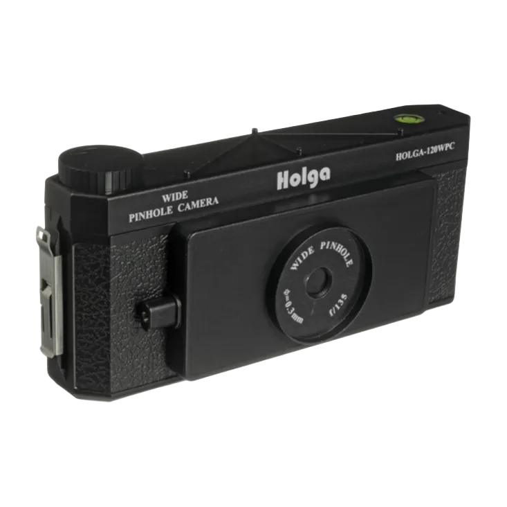 Black Holga 120 wide-angle pinhole camera with a textured body, top bubble level, and front lens aperture markings.
