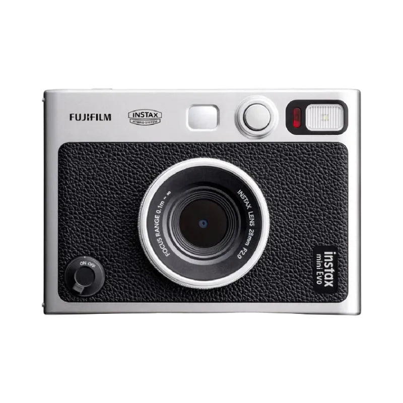 A brown and silver FUJIFILM Instax Mini EVO Hybrid Instant Camera with lens effects and manual print lever.