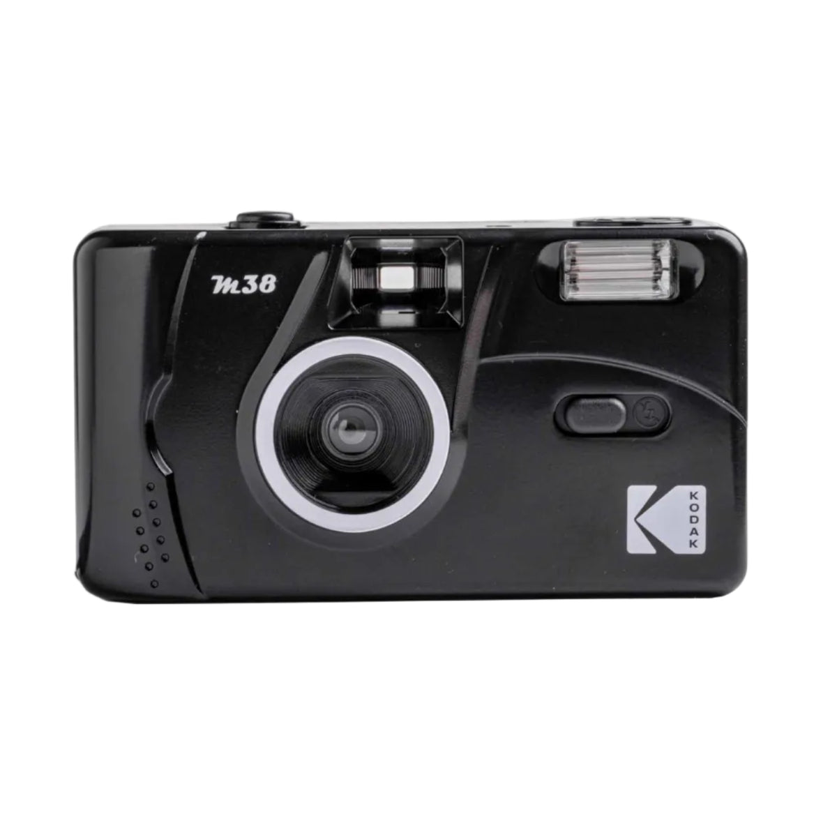 Black Kodak plastic camera with white M38 printed on it with white background