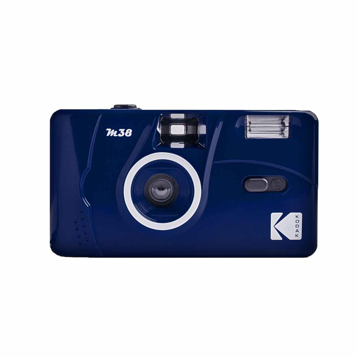 Blue Kodak plastic camera with M38 printed on it with white background
