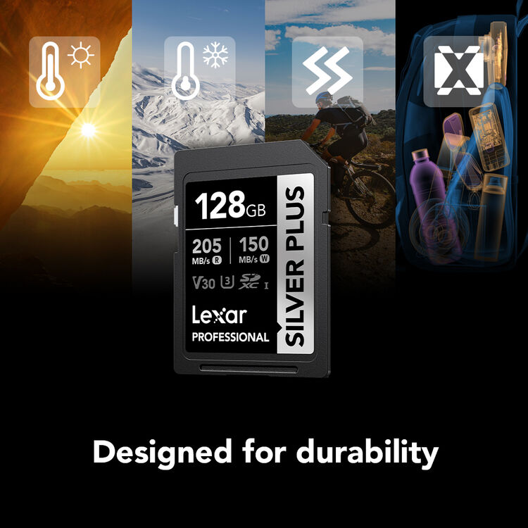Lexar Professional SD card with durability features depicted in icons on a black background