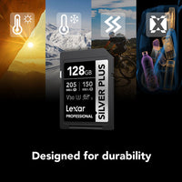 Lexar Professional SD card with durability features depicted in icons on a black background