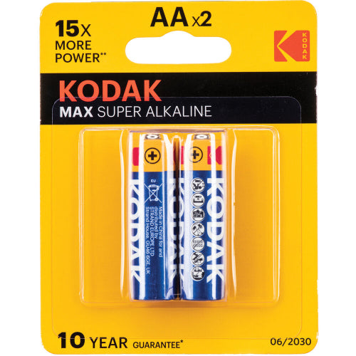 A package of two Kodak Max Super Alkaline AA batteries in a yellow and black blister card with a hanging tab.