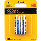 A package of two Kodak Max Super Alkaline AA batteries in a yellow and black blister card with a hanging tab.