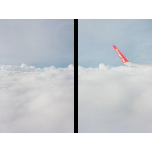Airplane flying above the clouds with plane logo