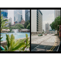Two contrasting scenes: a park with a fountain and modern buildings, and a city street with cars and pedestrians.