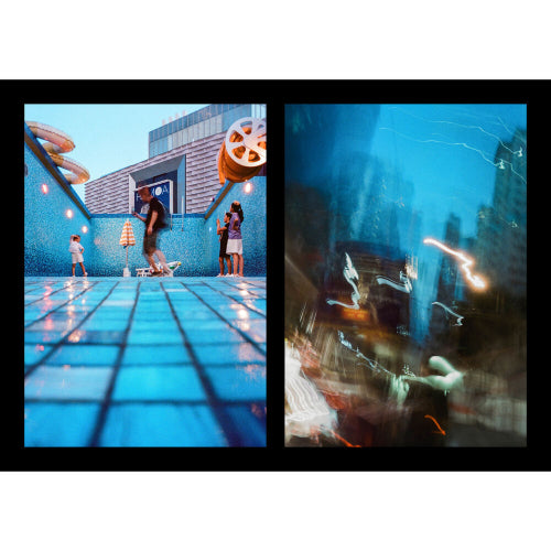 Two contrasting scenes: people by a poolside and an underwater view with lights.