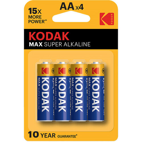Four Kodak Max Super Alkaline AA batteries in yellow and blue packaging with a 10-year guarantee label.