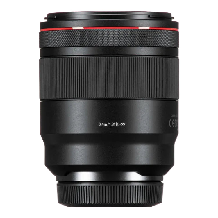 Camera lens with black and red design on a white background