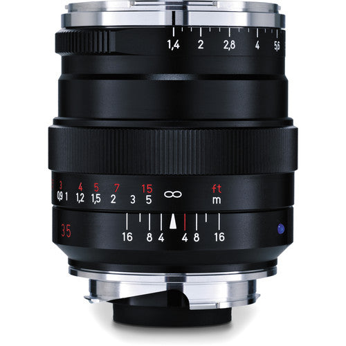 Camera lens with focus and aperture scale on a white background