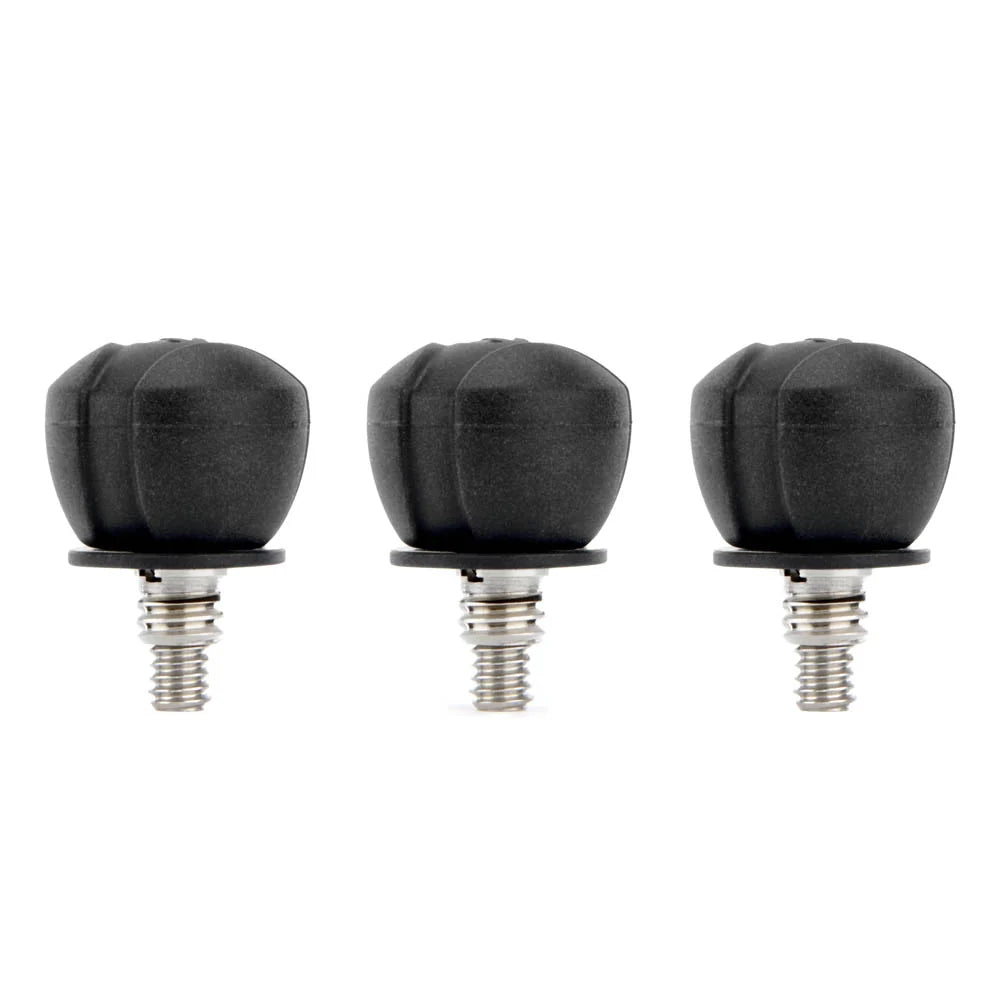 Three black textured rubber knobs with silver metal threaded bases, arranged horizontally on a plain white background.