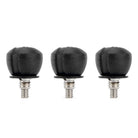 Three black textured rubber knobs with silver metal threaded bases, arranged horizontally on a plain white background.