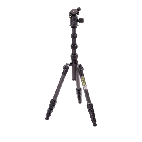 A matte black carbon fiber tripod with twist locks and a ball head set, folded to a compact size.