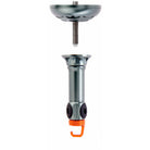 A bicycle seatpost clamp accessory shown in an exploded view on a white background, with the top mounting plate separated from the bottom clamp assembly. The product is metallic gray with black textured details and a bright orange hook at the bottom.