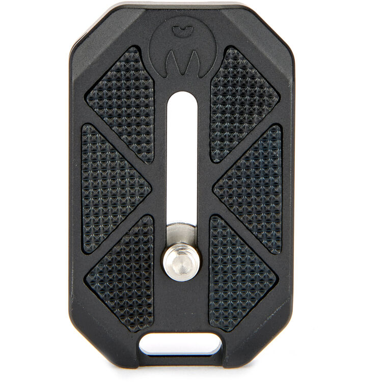 A black octagonal quick-release camera mount plate with textured rubber pads and a central metal slider, shown on a white background.