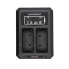 A black dual battery charger with a digital display showing battery levels for CH1 and CH2, branded with '[pro]master'.