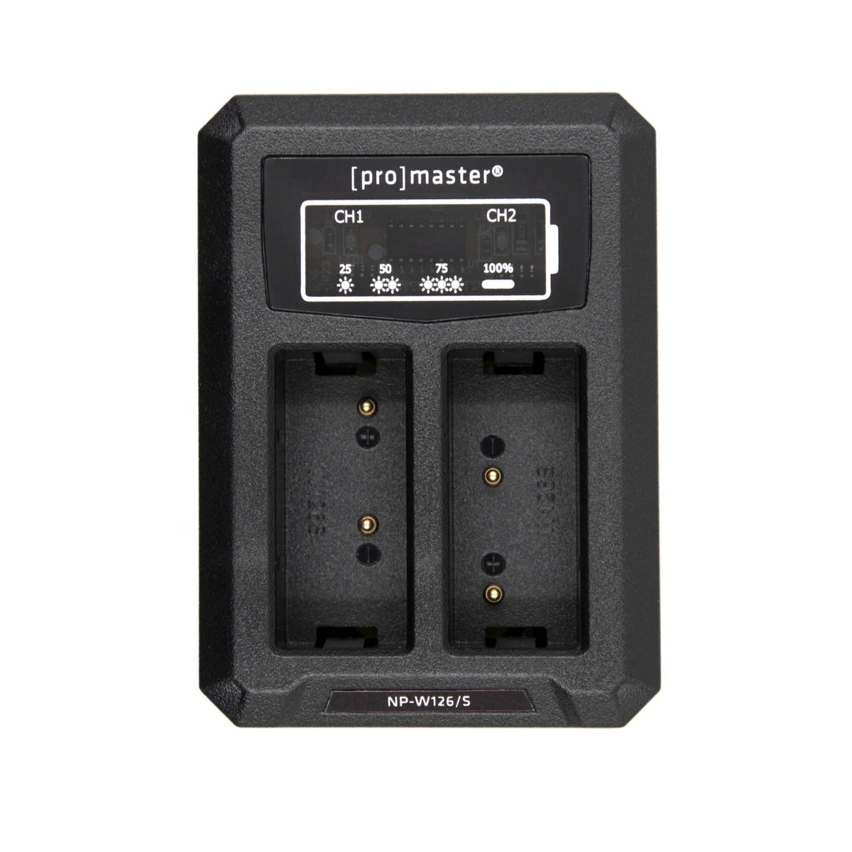 A black dual battery charger with a digital display showing battery levels for CH1 and CH2, branded with '[pro]master'.