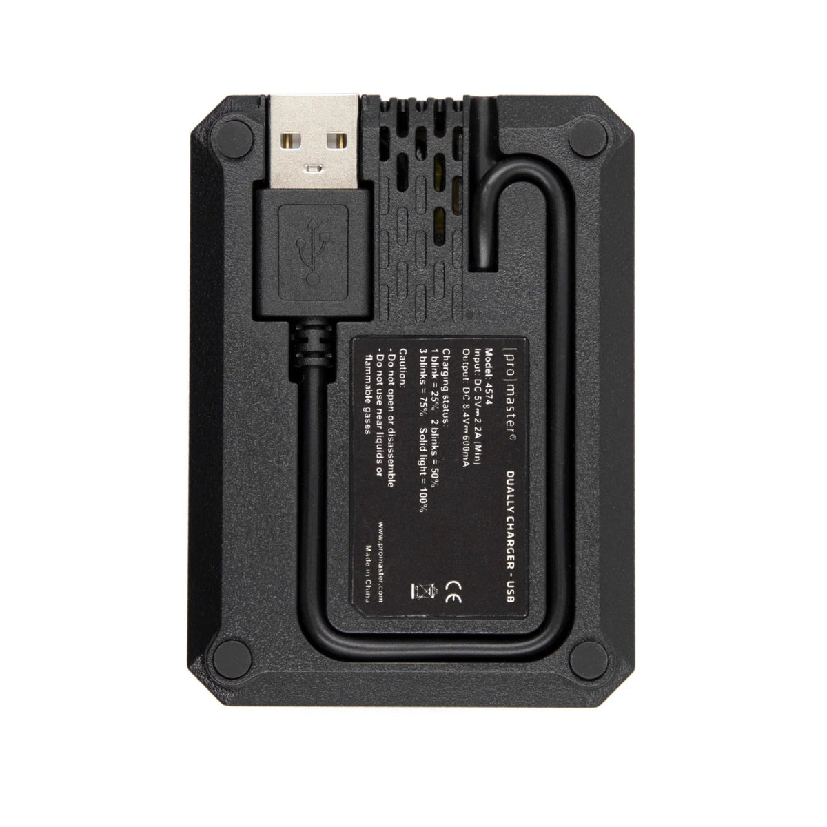 Black USB-C power adapter with a built-in cable and a USB-A connector, shown from the back on a white background.