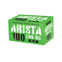A bright green box of Arista 100 Edu DX black and white photographic film, 135 x 36, shown at a three-quarter angle on a white background.