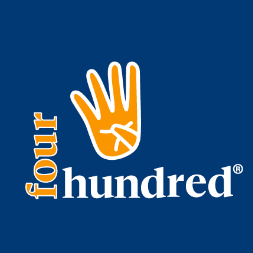 Logo with a hand icon and text 'four hundred' on a blue background