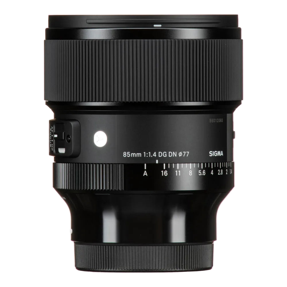 A Sigma 85mm f/1.4 DG DN φ77mm camera lens in matte black, shown from a front three-quarter angle against a solid white background.