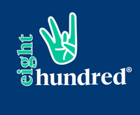 Eight Hundred logo on a dark blue background, featuring a stylized green hand gesture above the words 'eight hundred' in white and green.