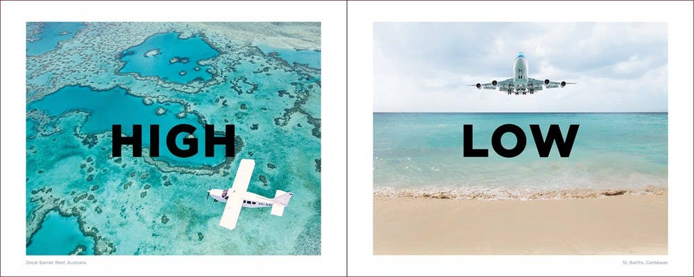 Two images showing a plane over a coral reef labeled 'HIGH' and an airplane over a beach labeled 'LOW'.