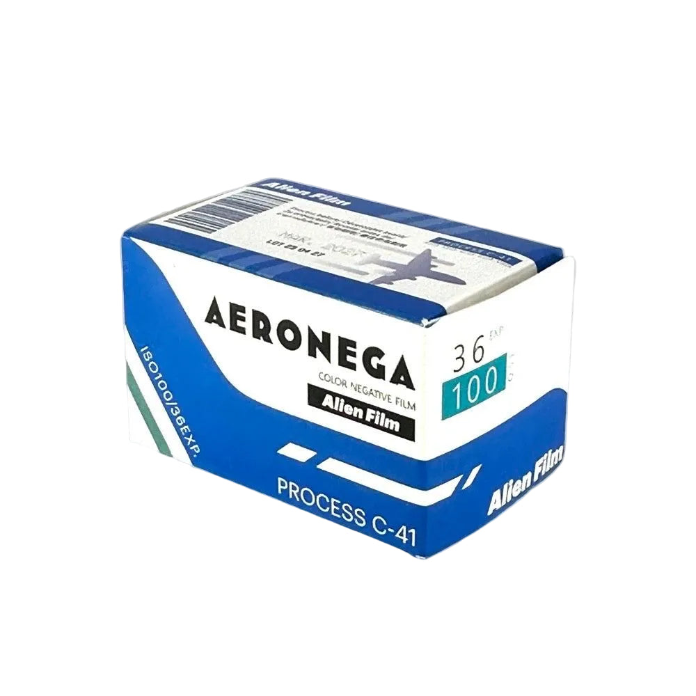 Box of Aeronega color negative film on a white background