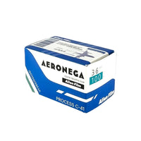 Box of Aeronega color negative film on a white background