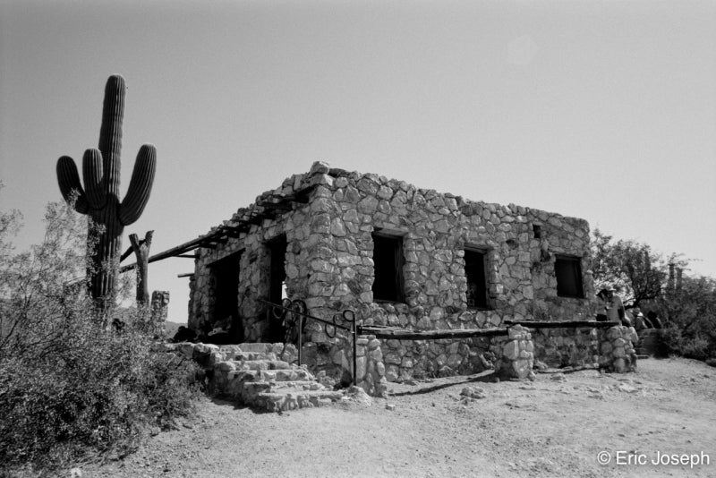 Black and white photograph of a rustic stone building in a desert landscape, with a tall saguaro cactus on the left, sandy ground, and shrubs around the structure.
