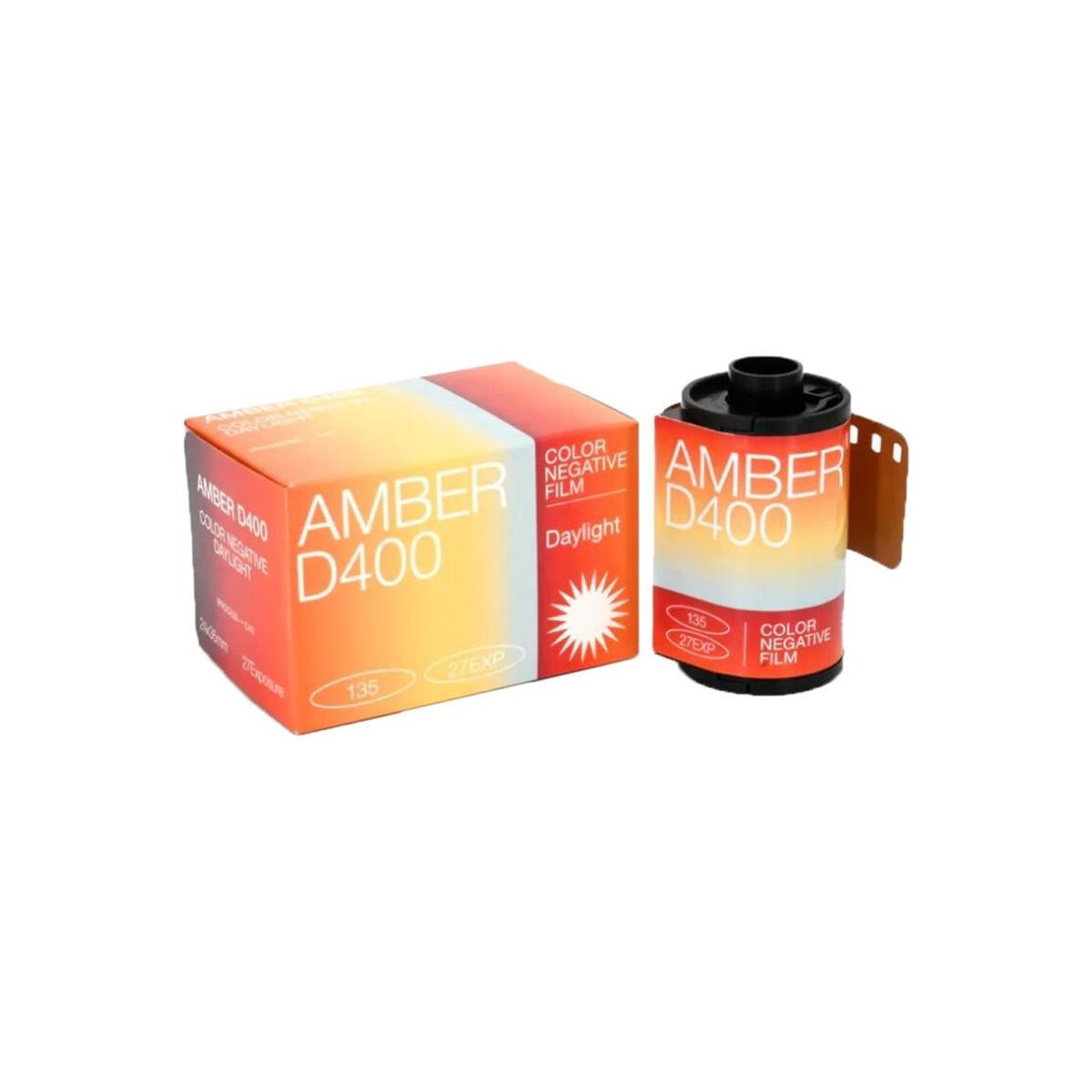 Amber D400 35mm color negative film roll and box with a gradient orange and blue design, 27 exposures, ISO 400.