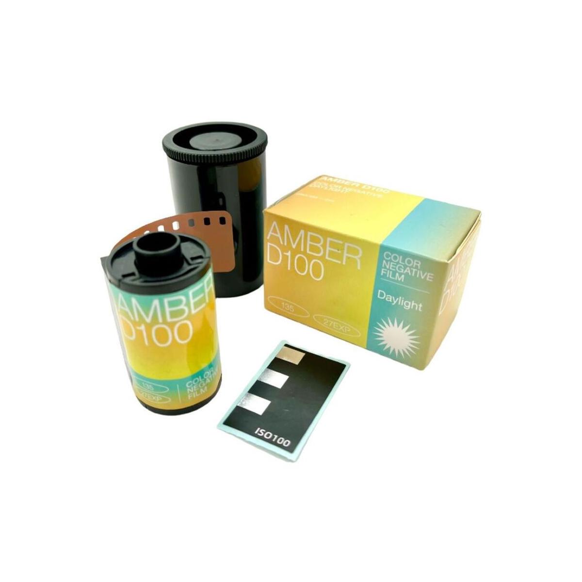 Amber D100 35mm color film roll, yellow and blue box, black canister, and DX code sticker on a white background.