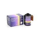 Amber T200 35mm color negative film roll and its purple and yellow gradient box with 27 exposures.