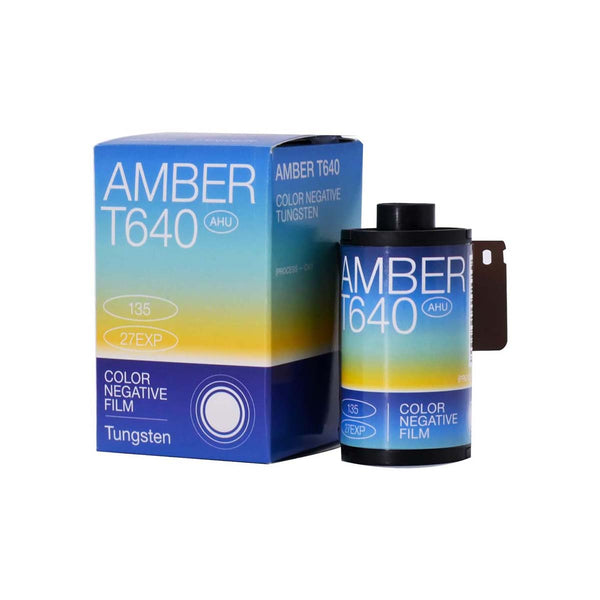 Amber T640 35mm color negative film roll and blue gradient box with 27 exposures for tungsten lighting.