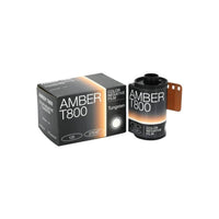 Amber T800 35mm color negative film roll and its black and orange packaging box.