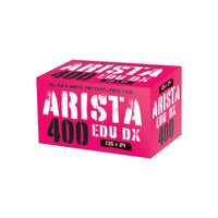 Bright pink box of Arista EDU DX 400 ISO 35mm black and white film with 24 exposures.