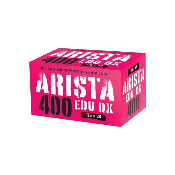 Bright pink box of Arista EDU DX 400 ISO 35mm black and white film with 36 exposures.