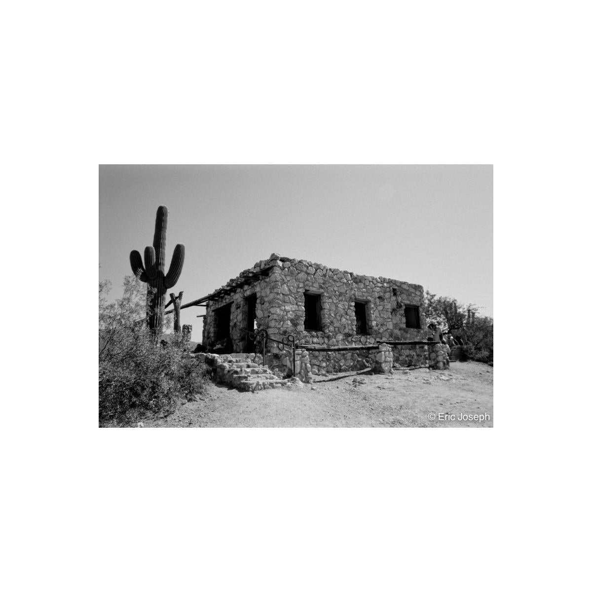 Black and white photograph of a rustic stone building in a desert landscape, with a tall saguaro cactus on the left, sandy ground, and shrubs around the structure.