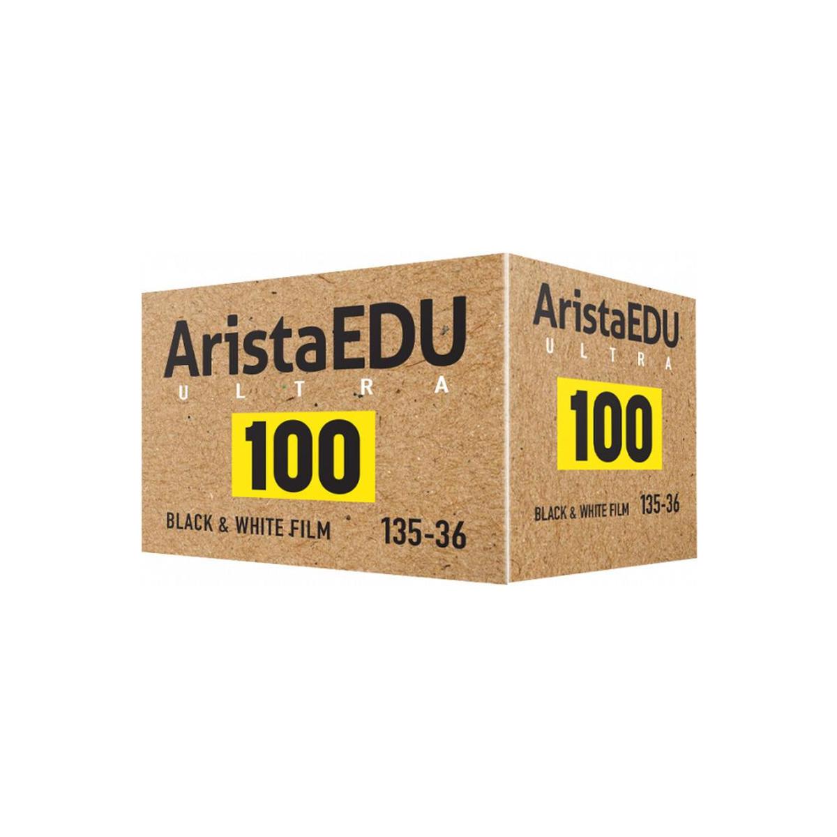Arista EDU Ultra 100 ISO 35mm black and white film box in tan cardboard with bold yellow 100 speed branding.