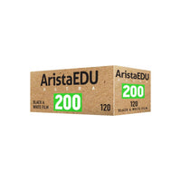 Arista EDU Ultra 200 ISO 120 black and white film box with tan cardboard texture and green 200 speed label.