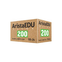 Arista EDU Ultra 200 ISO 35mm black and white film box in tan cardboard with green 200 branding.