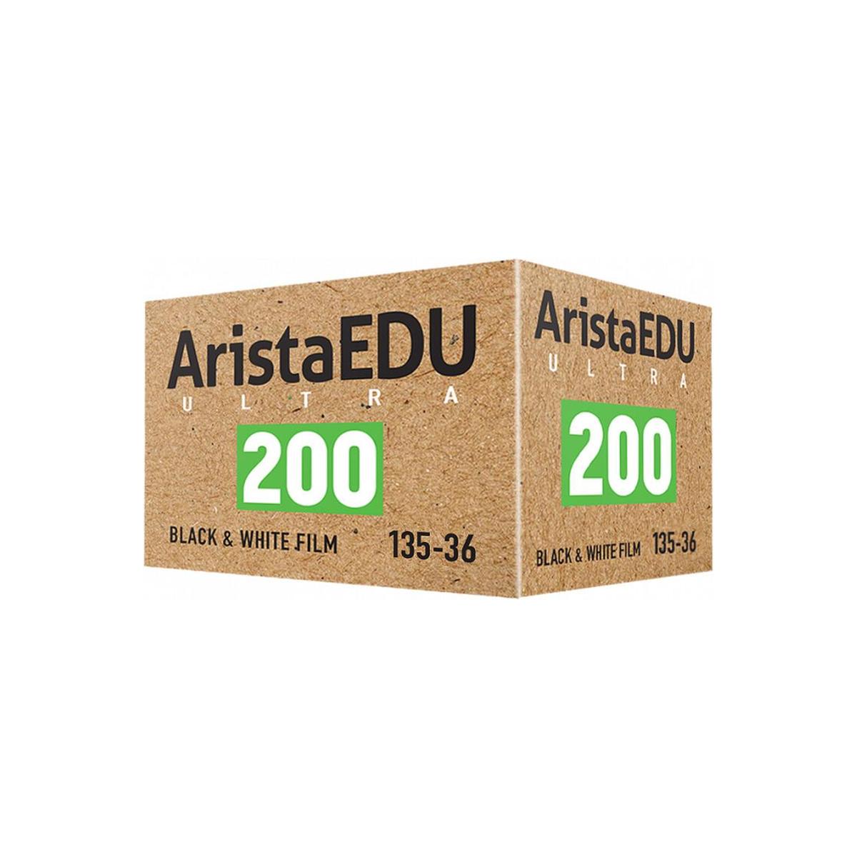 Arista EDU Ultra 200 35mm black and white film box in tan cardboard packaging with green 200 ISO branding.